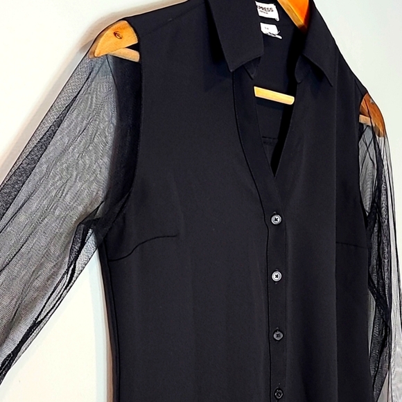 Express Slim-Fit Button Front Portofino Blouse Top Black XS Sheer Sleeves - Picture 2 of 6
